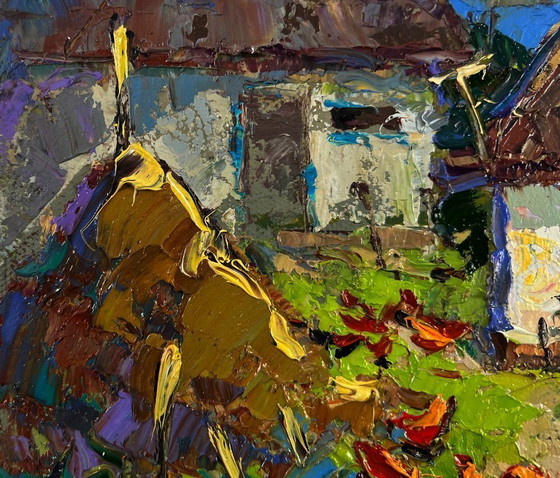 Image 1 of Original Oil Painting Summer Village Landscape Quiet evening courtyard