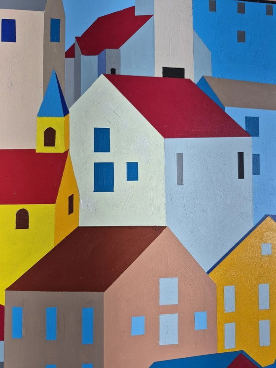 Image 1 of Paisaje urbano abstracto "Casas llenas" - pintura en color sobre MDF de Franklin van Dam (95x95 cm)