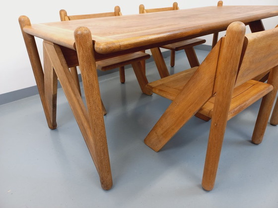 Image 1 of Exceptional suite of a large rectangular table and 4 vintage Brutalist chairs in solid oak from the 60s