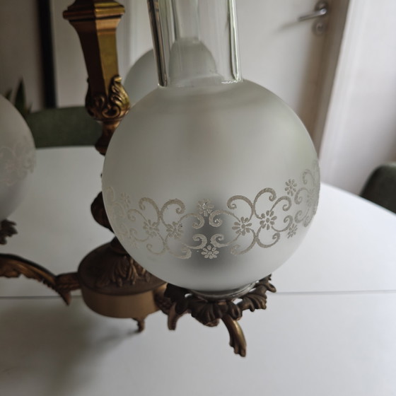 Image 1 of Vintage 3-Light Neo-Classical / Empire Style Chandelier – Ornate Brass Tone & Frosted Glass