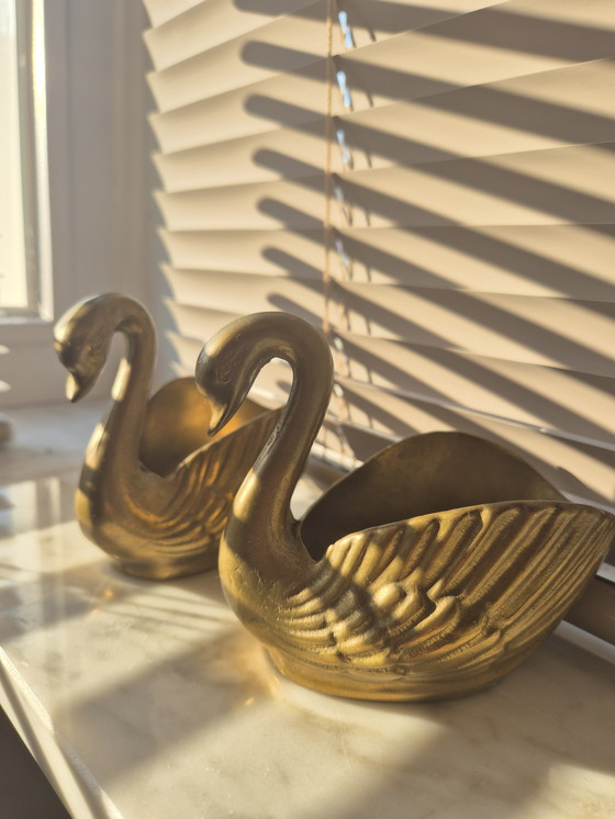 Image 1 of 2x Brass Swan Flower Pot