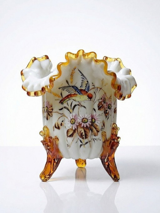 Antique tripod vase, opaline glass, glazed, 19th-20th century, Victorian style