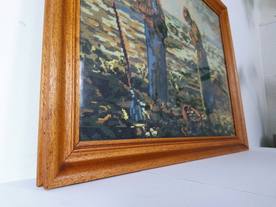 Image 1 of Ricamo a punto croce vintage incorniciato "L'Angelus" di Millet – Arte murale ricamata a mano – Decorazione rustic