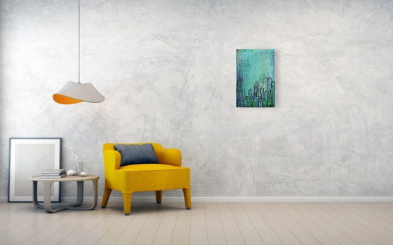 Image 1 of Contemporary paintig in teal, purple and green shades, acrylic on canvas