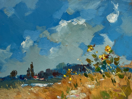 Image 1 of Original Oil Painting Summer Field Landscape Sunflowers reach for the sky