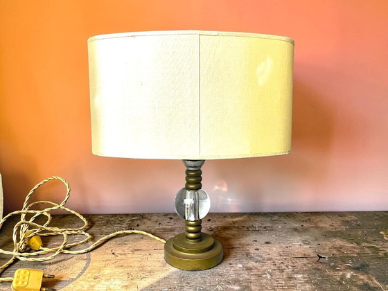 Vintage Hollywood Regency Inspired Brass Table Lamp With Silk Rum Lampshade – Textile (photo 6 of 12)