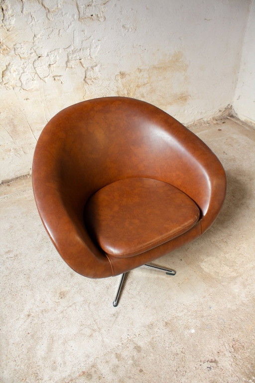 70's Armchair / Swivel Chair Brown Skai Leather