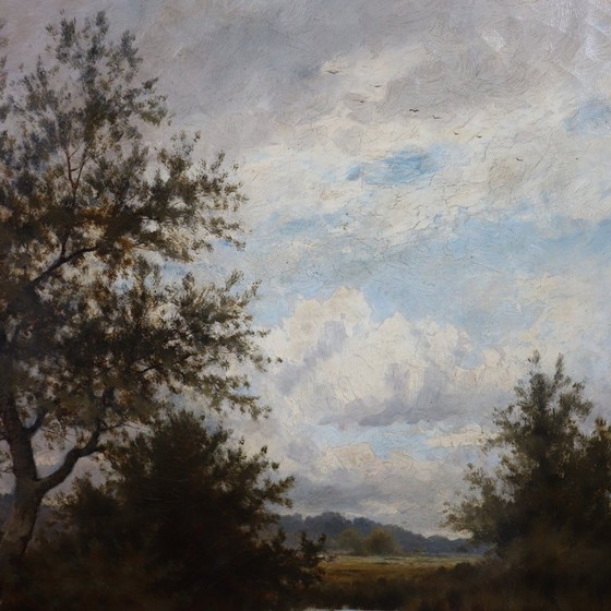 Image 1 of Dipinto ad olio su tela, Paesaggio fluviale, firmato J Paulman, fine XIX secolo.