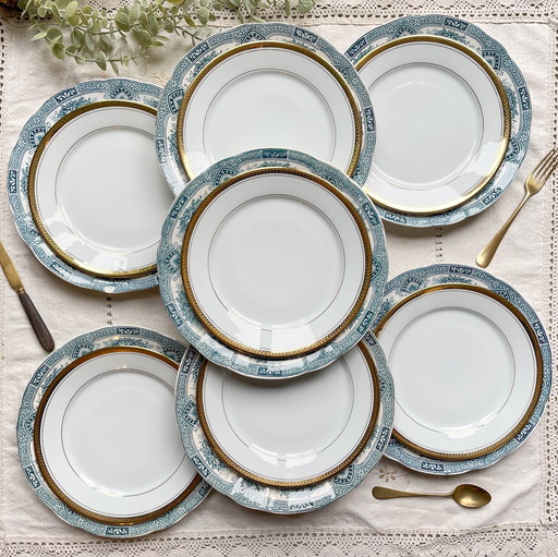 7 Assiettes Terre de Fer Bleues Onnaing + 7 Petites Assiettes Dépareillées en Porcelaine de Limoges