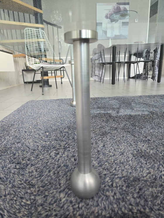 Image 1 of Design glass table with stainless steel legs; square model