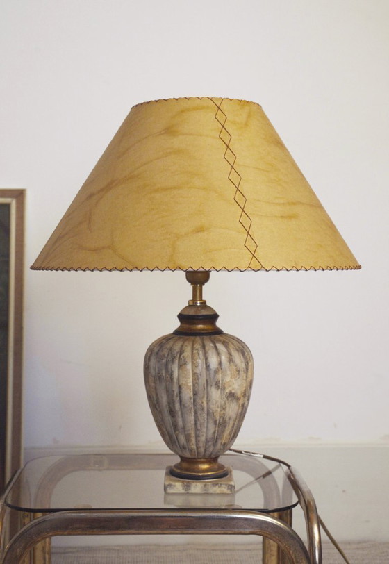 Image 1 of Vintage Italian Neoclassical Urn Table Lamp Faux Marble Stone Ceramic Lamp Parchment Shade Organic Modern Mediterranean Lighting