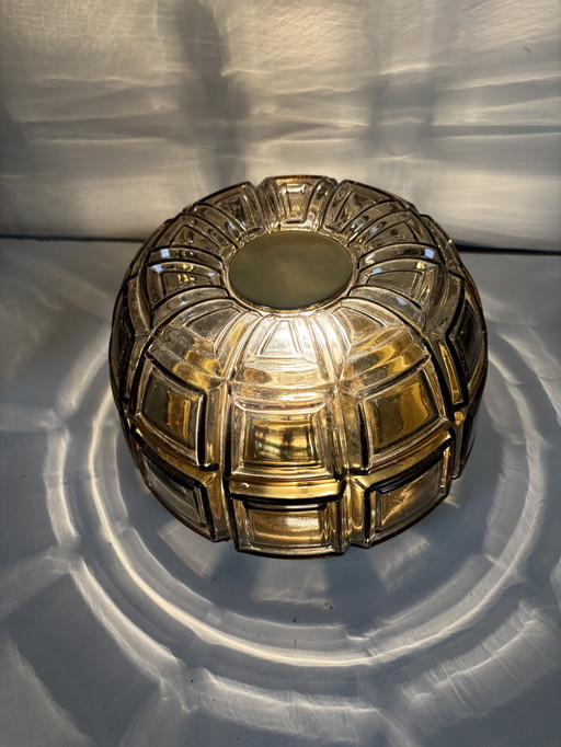 Plafond- Wandlamp Van Messing En Amberkleurig Glas Glashutte Limburg, Duitsland, Jaren 60