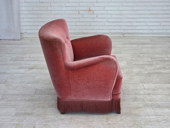 Image 1 of 1970s, Danish armchair, salmon pink furniture velour, oak wood.