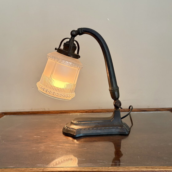 Image 1 of Art Deco desk lamp, table lamp with frosted glass, carved shade.