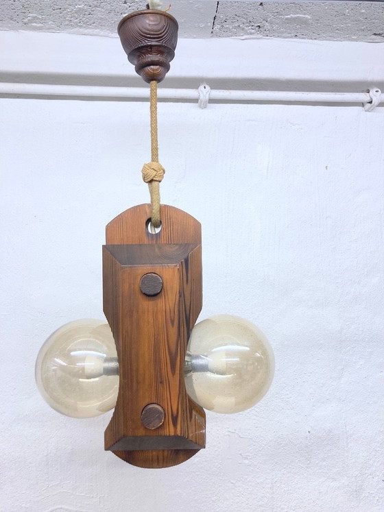 Image 1 of Pendant lamp by Temde, made of wood and glass, two-light, 70s brutalist style