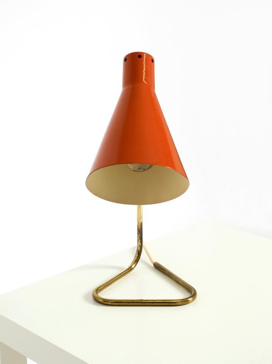 Image 1 of Beautiful, Large Mid-Century Modern Brass Table Lamp with a Brick-Red Shade