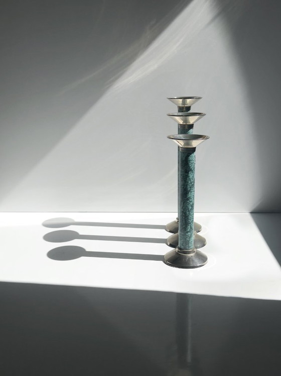 Set di 3 Portacandele Vintage effetto marmo turchese, Metallo, anni '90 (photo 4 of 6)