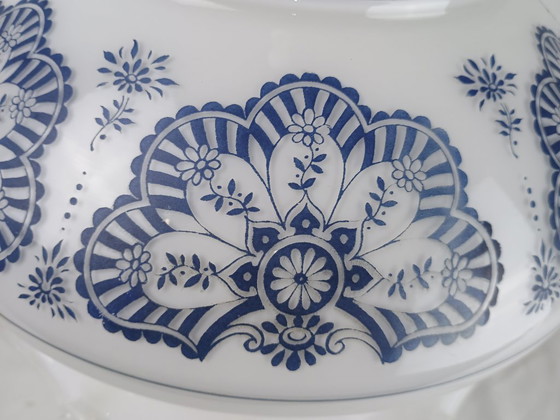 Image 1 of Mid Century Murano Pendant Light White Opaline Textured Engraved Glass Lantern 1950s