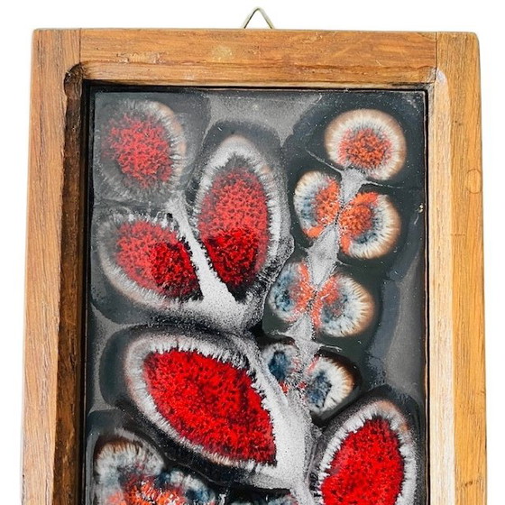 Image 1 of Framed West Germany wall plaque flowers ceramic teak West Germany 1960s