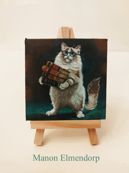Unique Hand-Painted Small Painting of a Cat with a Stack of Books – schilderijen tekeningen, Canvas, Wood