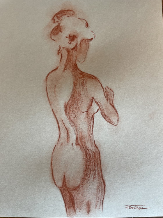 Image 1 of Dipinto firmato Ritratto femminile a gesso rosso "Giochi di luce"