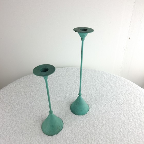 Image 1 of 2x vintage kandelaar Memphis Milano jaren 80 turquoise