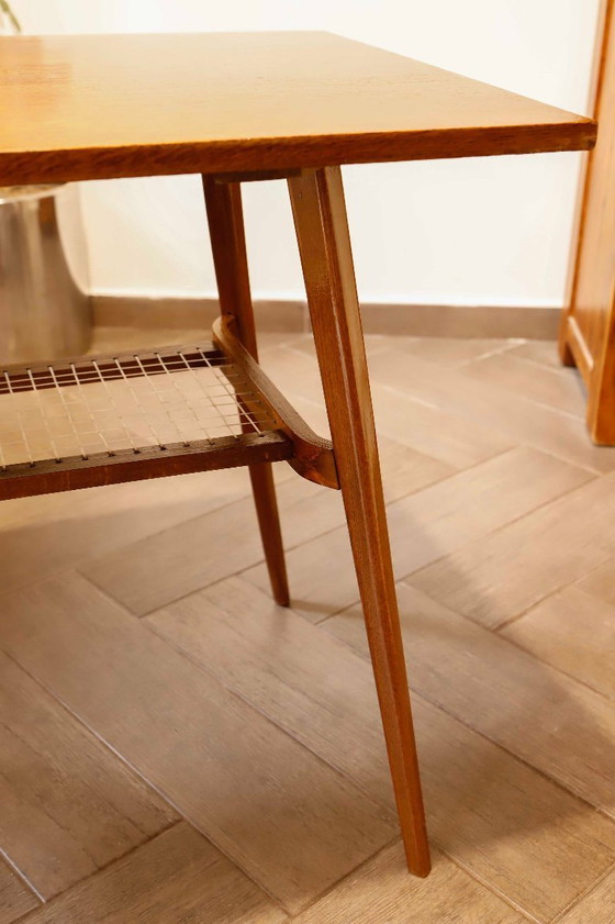 Image 1 of Brussels Style Retro Table with Woven Shelf – Dřevopodnik Holešov, 1960s 