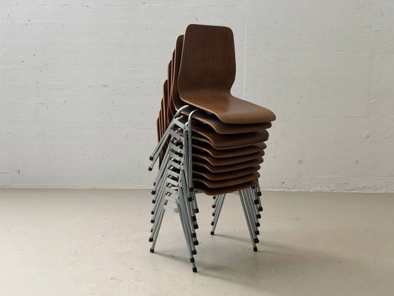 4 Sedie Impilabili – Impiallacciatura in Legno & Cromo, Stile Mid-Century – Poltrone, Vintage (photo 8 of 14)