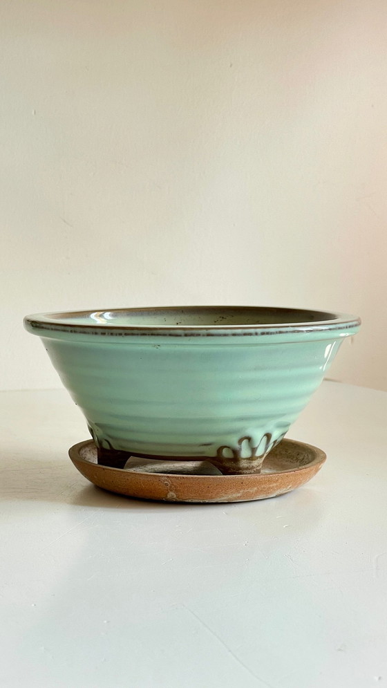 Image 1 of Vintage keramische driepoot pot en schotel