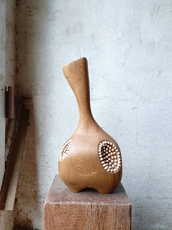 Image 1 of Large Vase/Bottle in Carved Solid Oak