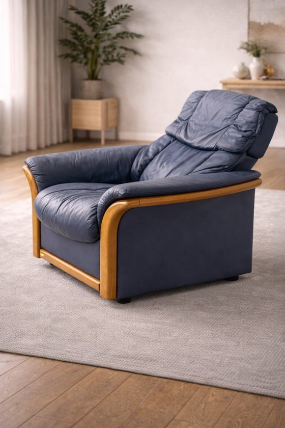 Image 1 of Ekornes Stressless — Lot de 4 fauteuils pivotants réglables — Cuir bleu et hêtre