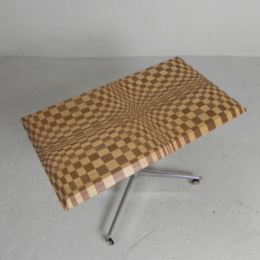 Salontafel opgebouwd uit honderden blokjes hout in een psychedelisch patroon, jaren 90