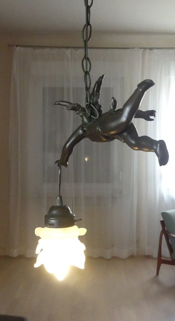 Suspension Putto Ange Métal Moulé Art de France Uk1eb – Cast Iron, Glass, Vintage (photo 2 of 17)