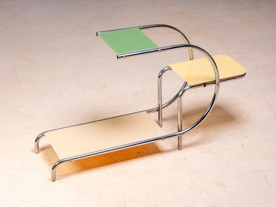 Vintage bloemenstandaard van Emile Guyot, Bauhaus verchroomd staal met gekleurd glas, midden 20e eeuw, (photo 3 of 6)