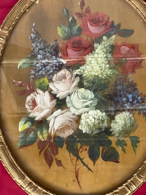 Stilleven met bloemen. Olie op paneel., Schilderijen & Tekeningen, Hout, Glas (foto 3 van 7)