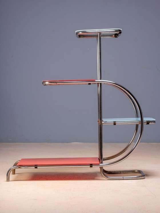 Image 1 of Bauhaus Steel Plant Stand by Emile Guyot for Thonet, Colored Glass Shelves, Circa 1930s, Czechoslovakia, 90 × 30 × 105 cm