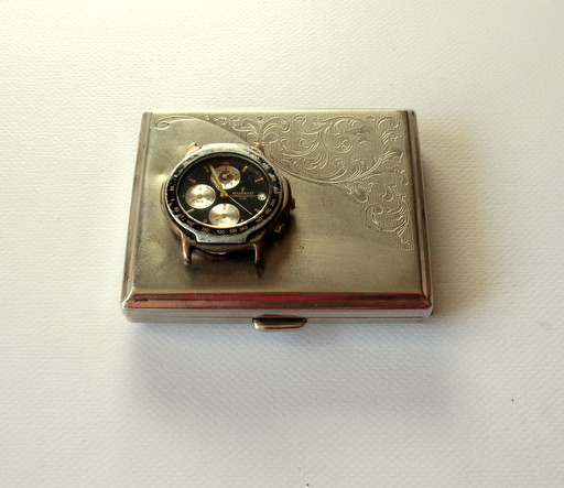 Unique cigarette dispenser - Business card holder - Metal With soldered Maserati watch