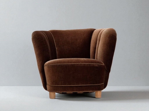 Anni '60, sedia curva danese, rivestimento in velluto marrone.