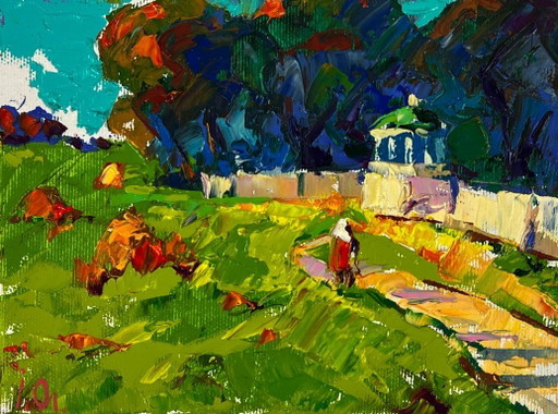 Origineel olieverfschilderij: Landelijk landschap, weide, dorp, park in het bos.