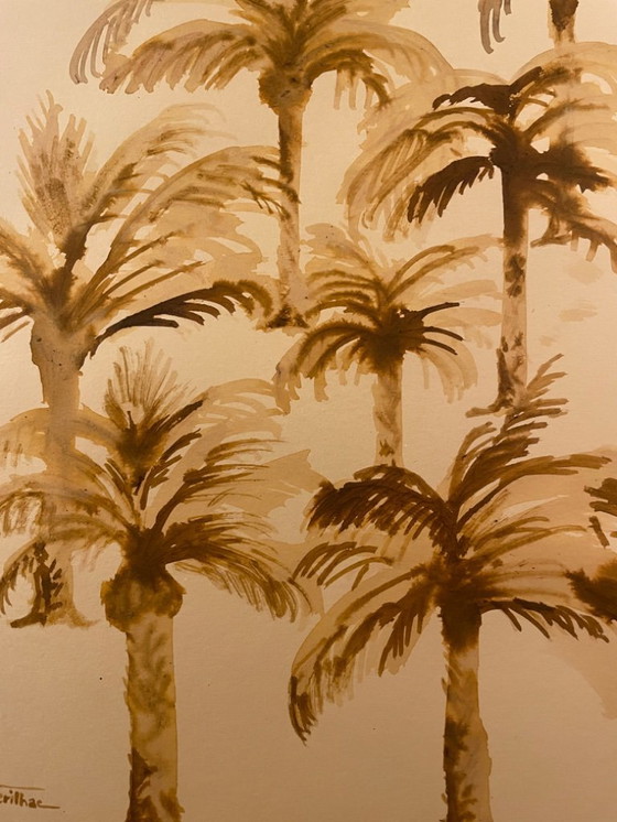 Image 1 of Dipinto ad acquerello firmato raffigurante un paesaggio di un'oasi orientale al calar della notte.