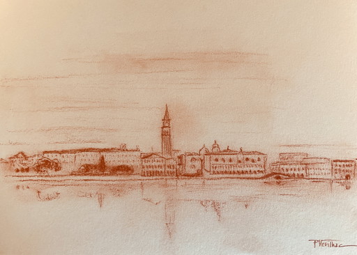 Signed Sanguine Landscape View of Venice Saint Mark's Square Venice