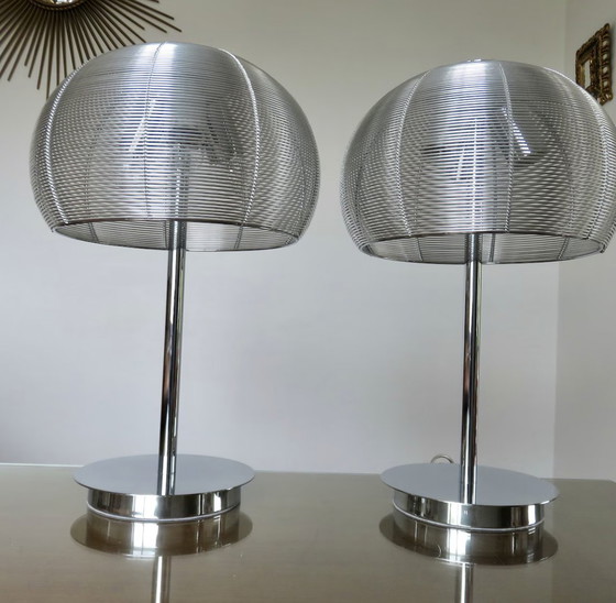 Image 1 of 2x Large Chrome Metal "Mushroom" Lamps