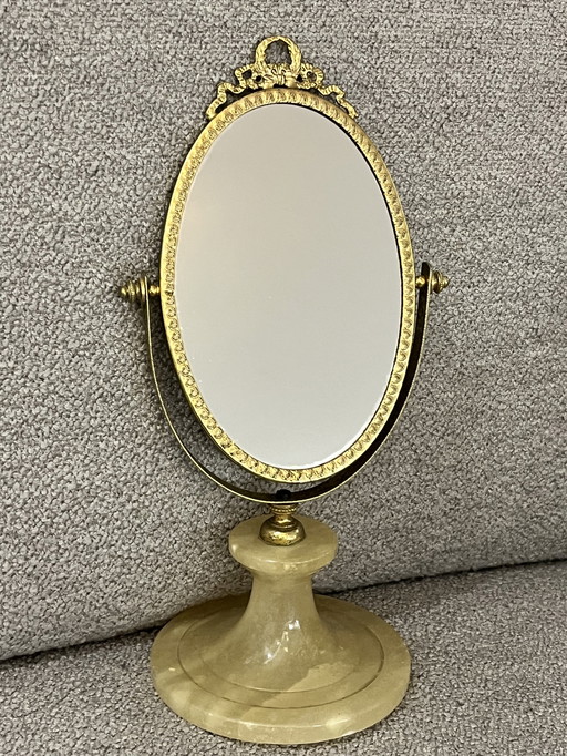Miroir de table victorien avec bord en laiton, base en marbre et support en bois fin