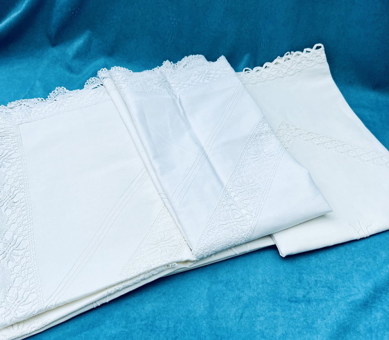 Image 1 of Vintage white pillowcases with lace & monogram**