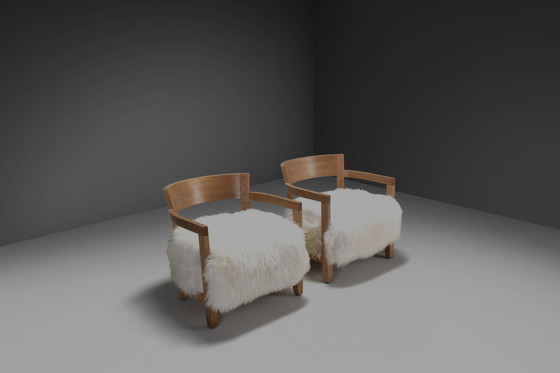 Image 1 of Set Of Two Solid Oak And Off-White Sheepskin Chairs, Switzerland, 1970S