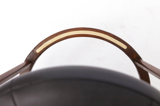 Set van 4 vintage fauteuils in tonvorm, jaren 70, Duitse beukenhouten eetkamerstoelen, zwart kunstleer, (photo 9 of 12)