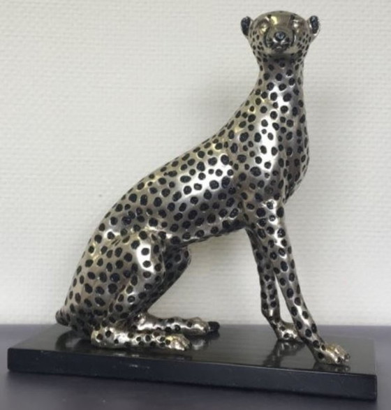 Image 1 of Brons zilveren Cheetah beeld op de uitkijk beeld