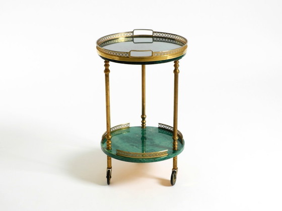 Image 1 of Round, small 1960s Aldo Tura serving or bar trolley in green goatskin leather | Made in Italy