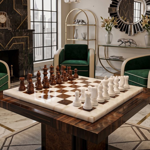 Magnífico juego de ajedrez de los años 70 en alabastro Volterra, hecho a mano en color marrón y blanco. Fabricado en Italia.