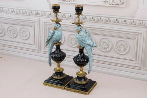 Lussuosa coppia di Portacandele pappagallo in porcellana blu con bronzo – Dipinti a mano e finitura craquelé (photo 5 of 10)